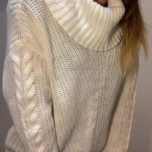 Cream off white cowl neck sweater knit crochet nwt
